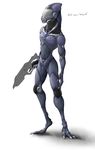  alien armor gun helmet kredri male nude ranged_weapon rifle simple_background solo standing text weapon 