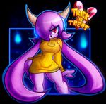  2016 anthro bedroom_eyes breasts clothed clothing dragon english_text female freedom_planet hair hair_over_eye half-closed_eyes halloween holidays horn long_hair long_shirt looking_at_viewer mammal pedrovin purple_hair sash_lilac seductive solo text video_games 