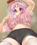  ahoge ball blush breasts commentary_request hairband highres huge_breasts nurugamer-kouyouju oomune_mune paddle panties panty_peek pink_eyes pink_hair shakunetsu_no_takkyuu_musume short_hair shorts side-tie_panties solo sweat table_tennis table_tennis_paddle thighhighs underboob underwear white_panties 