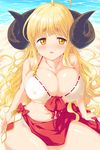  ahoge anila_(granblue_fantasy) bangs blonde_hair blunt_bangs blush breasts covered_nipples draph eyebrows eyebrows_visible_through_hair granblue_fantasy horns imuraya_ayuka large_breasts long_hair looking_at_viewer navel orange_eyes outdoors ribbon-trimmed_bikini ribbon_trim sarong sheep_horns shide sitting solo wavy_hair 