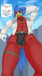  anthro avian building bulge canine clothing falco_lombardi fox fox_mccloud looming low-angle_view male mammal mkvero nintendo size_difference star_fox video_games 