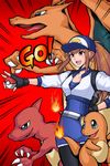  amemiya_sayaka backpack bag baseball_cap breasts brown_hair charizard charmander charmeleon cosplay female_protagonist_(pokemon_go) female_protagonist_(pokemon_go)_(cosplay) fingerless_gloves gen_1_pokemon gloves hamu_agaki hat highres medium_breasts open_mouth osu!_tatakae!_ouendan pink_eyes poke_ball pokemon pokemon_(creature) pokemon_(game) pokemon_go ponytail solo 