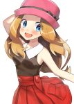  1girl :d arm_up black_bow black_ribbon black_shirt blue_eyes blush bow brown_hair collarbone eyebrows_visible_through_hair floating_hair hat hat_bow hat_ribbon highres long_hair looking_at_viewer miniskirt open_mouth outstretched_arm pink_hat pleated_skirt red_skirt ribbon shiny shiny_hair shirt simple_background skirt sleeveless sleeveless_shirt smile solo standing standing_on_one_leg white_background yuihiko 