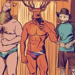  abs anthro antlers avian billmund bird bulge cervine clothing deer feline group hat horn leopard male mammal musclegut nipples pigeon selfie smile speedo standing swimsuit 