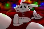  2019 anthro bed black_eyes clothing fur gloves holidays lagomorph lights long_ears looking_at_viewer male mammal penis pillow rabbit raster_dreams santa_suit smile solo teeth 