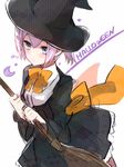  alternate_costume black_dress blue_eyes blush bow bowtie broom crescent dress halloween hat highres holding holding_broom kantai_collection looking_at_viewer orange_bow orange_neckwear pink_hair ponytail shiranui_(kantai_collection) sketch solo star takeshima_(nia) white_background witch_hat 
