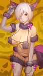  absurdres animal_ears black_panties blush breasts cowboy_shot dangerous_beast elbow_gloves eyes_visible_through_hair fate/grand_order fate_(series) fur-trimmed_gloves fur-trimmed_legwear fur_trim gloves hair_over_one_eye halloween halloween_costume highres imakaeru large_breasts mash_kyrielight navel o-ring o-ring_top open_mouth panties purple_eyes purple_hair revealing_clothes sen_(77nuvola) short_hair solo standing tail thighhighs underwear wolf_ears wolf_tail 