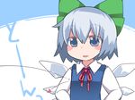  :d blue_eyes blue_hair blush_stickers bow cirno clueless commentary dress_shirt flat_chest hair_bow hammer_(sunset_beach) hands_on_hips heart long_sleeves open_mouth shirt short_hair smile solo symbol_ricochet touhou translated upper_body wings 