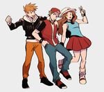  2boys arm_up baseball_cap blue_(pokemon) brown_eyes brown_hair denim grey_background hands_in_pockets hat jacket jeans kendy_(revolocities) looking_at_another multiple_boys ookido_green orange_hair orange_pants pants pokemon pokemon_(game) pokemon_frlg pokemon_hgss red_(pokemon) red_(pokemon_frlg) shoes simple_background skirt smile sneakers spiked_hair sun_hat v 