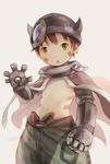  artist_name brown_hair cape cyborg helmet looking_at_viewer made_in_abyss male_focus navel noeyebrow_(mauve) open_mouth regu_(made_in_abyss) shirtless solo yellow_eyes 