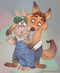  anthro barachaser canine clothing disney duo fox gideon_grey grope lagomorph licking male male/male mammal rabbit stu_hopps tongue tongue_out zootopia 