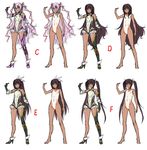  1girl aoi_nagisa_(artist) barefoot blush boots breasts brown_hair character_sheet clothed_navel female full_body gauntlets gloves hair_ribbon leotard long_hair looking_at_viewer mizuki_yukikaze nude pink_eyes ribbon sketch small_breasts smile solo taimanin_(series) taimanin_yukikaze tan tanline thigh_boots thighhighs white_background 