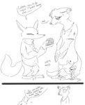  advice anthro barefoot black_and_white canine charlie_(weaver) clothing comic dialogue disney ear_piercing english_text eyes_closed fan_character female fox frown group humor mammal monochrome mouse nobody_(artist) pack_street piercing rodent size_difference sorry surprise text torn_clothing turtleneck wallet zootopia 