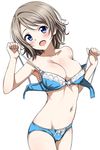  :d blue_bra blue_eyes blue_panties blush bow bow_bra bow_panties bra breasts cleavage collarbone commentary_request cowboy_shot hair_ornament highres light_brown_hair looking_at_viewer love_live! love_live!_sunshine!! medium_breasts open_mouth panties rozen5 simple_background smile solo strap_pull underwear underwear_only undressing watanabe_you white_background 