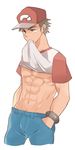  abs aper baseball_cap brown_hair denim hands_in_pockets hat jeans male_focus male_pubic_hair mouth_hold muscle navel pants pectorals pokemon pokemon_(game) pokemon_sm pubic_hair red_(pokemon) shirt_lift simple_background solo tan unbuttoned white_background z-ring 