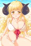  ahoge anila_(granblue_fantasy) bangs bikini blonde_hair blunt_bangs blush breasts covered_nipples draph eyebrows eyebrows_visible_through_hair granblue_fantasy horns imuraya_ayuka large_breasts long_hair looking_at_viewer navel orange_eyes outdoors ribbon-trimmed_bikini ribbon_trim sheep_horns shide sitting solo swimsuit wavy_hair white_bikini 