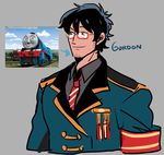  black_hair commentary facial_hair glasses gordon_the_big_engine grey_background kendy_(revolocities) male_focus personification red-framed_eyewear simple_background solo stubble thomas_the_tank_engine uniform upper_body 