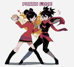  1boy 1girl black_hair bowl china_dress chinese_clothes closed_eyes clothes_grab dress english food garu gloves grey_background hair_bun heart kendy_(revolocities) ninja noodles pucca pucca_(cartoon) red_gloves simple_background smile 