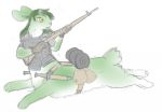  2019 bottomless butt_tuft clothed clothing digital_media_(artwork) eyeslashes female fluffy fluffy_tail fur gloves green_fur green_hair gun hair holding_object holding_weapon knife lagomorph lagomorph_taur mammal multicolored_fur partially_clothed rabbit rabbit_taur ranged_weapon rifle running sandybuny simple_background sleeping_bag solo taur two_tone_fur weapon white_background white_fur yellow_eyes 