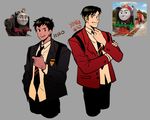  backpack bag blazer brown_hair character_name commentary green_hair grey_background hiro_the_japanese_engine jacket kendy_(revolocities) male_focus multiple_boys necktie personification school_uniform simple_background smile striped striped_neckwear tan thomas_the_tank_engine yong_bao_of_china 