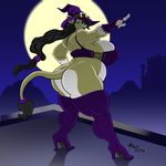  2016 anthro big_breasts big_butt black_hair boots breasts butt clothed clothing costume feline female footwear hair halloween hat holidays lion magic_user mammal moon overweight roxikat side_boob skimpy slightly_chubby smile solo witch 