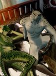  anthro argonian armpits balls bed bedroom derkeethus detailed_background duo eyes_closed feline flaccid high-angle_view humanoid_penis inside khajiit koda_kota male male/male mammal nude on_bed penis reclining reptile scalie skyrim source_request the_elder_scrolls video_games 