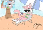  2016 anthro beach bikini breasts cat clothed clothing digital_media_(artwork) feline female fur looking_at_viewer mammal pink_fur seaside shima_luan simple_background skimpy smile solo super_planet_dolan swimsuit 