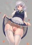  ass_visible_through_thighs blue_eyes blush braid breasts breasts_apart covered_nipples from_below highres izayoi_sakuya leaf looking_at_viewer maid_headdress maple_leaf musen-shiki_sanhankikan no_panties parted_lips pussy silver_hair skindentation small_breasts solo thighhighs touhou uncensored white_legwear 