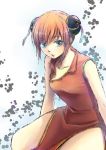  1girl blue_eyes china_dress chinese_clothes collarbone da_raku double_bun dress eyebrows_visible_through_hair gintama kagura_(gintama) open_clothes open_dress orange_hair parted_lips red_dress shiny shiny_hair short_hair_with_long_locks side_slit sidelocks sitting sleeveless sleeveless_dress solo 