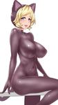 animal_ears blonde_hair blue_eyes blush bodysuit breasts cat_ears cat_tail covered_navel fake_animal_ears fake_tail highres large_breasts looking_at_viewer open_mouth original short_hair simple_background smile solo tail ueda_torini white_background 