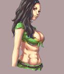  black_hair breasts brown_eyes cleavage crop_top from_side front-tie_top grey_background highres laura_matsuda lips long_hair looking_at_viewer medium_breasts mick_cortes midriff muscle navel simple_background smile solo standing street_fighter street_fighter_v toned 