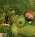  2016 anthro areola armpits breasts brown_hair brown_horn dragon duo eyes_closed female green_nipples green_scales hair hattonslayden horn human interspecies lying male male/female mammal navel nipples nude on_side outside scales 