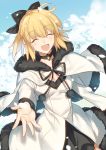  1girl :d artoria_pendragon_(all) black_bow black_ribbon blonde_hair blue_sky bow breasts capelet cleavage coat_dress day eyebrows_visible_through_hair eyes_closed fate/unlimited_codes fate_(series) fur-trimmed_capelet fur_trim hair_bow highres long_sleeves medium_breasts neck_ribbon nikame open_mouth outdoors outstretched_arm petals ponytail ribbon saber_lily short_hair sky smile solo standing white_capelet white_coat winter_clothes 