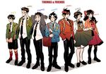  5boys :p ahoge arms_behind_head backpack bag black_hair blazer book bow character_name copyright_name dress edward_the_blue_engine emily_the_emerald_engine glasses hair_bow hairband henry_the_green_engine highres jacket james_the_red_engine kendy_(revolocities) kneehighs messenger_bag multicolored_hair multiple_boys multiple_girls pantyhose percy_the_small_engine personification pinafore_dress red_legwear rosie_the_tank_engine school_uniform short_hair shoulder_bag simple_background smile streaked_hair thomas_the_tank_engine thomas_the_tank_engine_(character) tongue tongue_out two-tone_hair white_background 