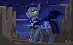  armor bat_pony blue_hair detailed_background feral fur grey_fur hair hooves male membranous_wings mysticalpha night outside sky smile solo star starry_sky wings 