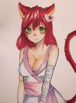  animal_ears bandaged_arm bandages breasts cat_ears cat_tail cleavage flower green_eyes hair_flower hair_ornament highres japanese_clothes long_hair looking_at_viewer medium_breasts original red_hair shiinka smile solo tail traditional_media 