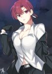  1girl bazett_fraga_mcremitz black_gloves black_jacket black_pants breasts cleavage cloud cloudy_sky collarbone dress_shirt fate/hollow_ataraxia fate_(series) formal gloves highres jacket looking_at_viewer looking_to_the_side medium_breasts midriff mole mole_under_eye navel night nikame off_shoulder open_clothes open_jacket open_mouth outdoors pant_suit pants red_eyes red_hair shirt short_hair sky solo standing stomach suit white_shirt 