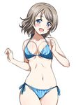  bikini blue_bikini blue_eyes blush bouncing_breasts breasts brown_hair commentary_request highres looking_at_viewer love_live! love_live!_sunshine!! medium_breasts navel rozen5 short_hair side-tie_bikini simple_background solo striped swimsuit vertical-striped_bikini vertical_stripes watanabe_you white_background 