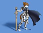  2016 amber_(atticuskotch) anthro armor atticuskotch barefoot blue_background brown_fur brown_hair came canine clothed clothing dog english_text eyes_closed female fire_emblem fur hair mammal melee_weapon nintendo shadow signature simple_background solo sword text video_games weapon white_fur 