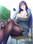  1girl areola_slip areolae blush breasts chair cleavage collared_shirt do-s_na_sparta_kyonyuu_onna_kyoushi_wo_kyokon_de_do-m_na_haramase_onaho_ni_shita_gakuen_seikatsu_nisshi erect_nipples game_cg green_eyes highres large_breasts legs legs_crossed long_hair long_sleeves looking_at_viewer miel no_bra original pantyhose purple_hair serious sitting skirt solo suit thighs 