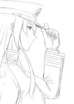  adjusting_clothes adjusting_hat commentary female_admiral_(kantai_collection) from_side gloves greyscale hat highres kantai_collection long_hair military military_hat military_uniform monochrome niwatazumi peaked_cap sidelocks sketch solo tatebayashi_sakurako uniform upper_body white_background 