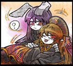  2girls ;p ? animal_ears black_border blonde_hair blush border bunny_ears chinese_clothes commentary gradient gradient_background hat jacket junko_(touhou) lying_on_person multiple_girls necktie one_eye_closed pointy_ears purple_hair red_eyes reisen_udongein_inaba slit_pupils spoken_question_mark suenari_(peace) tongue tongue_out touhou white_skin 