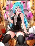  aqua_eyes aqua_hair baretto_(karasi07) bat black_legwear character_doll commentary_request curtains demon_wings halloween hatsune_miku highres horns jack-o'-lantern kagamine_len kagamine_rin long_hair looking_at_viewer open_mouth panties pitchfork seiza sitting solo striped striped_panties thighhighs twintails underwear vocaloid window wings 