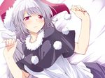  blush breasts capelet closed_mouth cosplay doremy_sweet doremy_sweet_(cosplay) dutch_angle feathered_wings fur_trim grey_wings hat hemogurobin_a1c kishin_sagume looking_at_viewer lying medium_breasts nightcap on_back pom_pom_(clothes) red_eyes shirt short_hair silver_hair single_wing solo sweat touhou upper_body white_shirt wings 