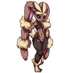  2016 black_sclera breasts clothing fur fur_tuft hand_on_hip looking_at_viewer mega_evolution mega_lopunny midriff navel nintendo pink_eyes plagueofgripes pok&eacute;mon simple_background small_breasts standing torn_clothing tuft under_boob video_games white_background wide_hips 