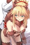  1girl :o alternate_color animal_ears aqua_eyes bare_shoulders bed_sheet bent_over black_pants blonde_hair bow breasts brown_gloves chaldea_uniform clenched_hand cosplay cowboy_shot dangerous_beast detached_collar elbow_gloves fang fate/apocrypha fate/grand_order fate_(series) fujimaru_ritsuka_(male) fur fur_trim gloves green_eyes hair_ribbon halloween halloween_costume head_out_of_frame holding_another's_tail implied_sex lace lace-trimmed_thighhighs long_sleeves looking_back mash_kyrielight mash_kyrielight_(cosplay) mordred_(fate) mordred_(fate)_(all) navel no_panties open_mouth pants ponytail red_bow red_legwear red_ribbon revealing_clothes ribbon sexually_suggestive shade shiseki_hirame sidelocks small_breasts solo_focus stomach strap_gap sweat tail thighhighs uniform v-shaped_eyebrows white_background wolf_ears wolf_tail 