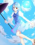  ama_asagi blue_eyes blue_hair cloud commentary_request day full_body geta heterochromia highres karakasa_obake nail_polish puffy_sleeves red_eyes sky solo tatara_kogasa toenail_polish touhou umbrella vest 