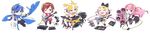  3girls bass_guitar black_footwear blonde_hair blue_eyes blue_hair boots bow brown_eyes brown_hair chibi closed_eyes coat dress drum drumsticks electric_guitar frilled_dress frilled_skirt frills full_body gloves guitar hair_bow headset instrument kagamine_len kagamine_rin kaito keyboard_(instrument) lena_(zoal) long_hair long_image magical_mirai_(vocaloid) matching_outfit megurine_luka meiko multiple_boys multiple_girls music one_eye_closed open_clothes open_coat pants pantyhose pink_hair playing_instrument red_skirt sailor_collar scarf short_sleeves shorts side_slit sitting skirt sleeveless sleeveless_dress smile speaker standing standing_on_one_leg transparent_background vocaloid white_gloves wide_image wire 
