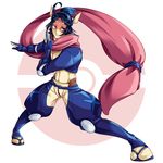  blue_gloves blue_hair covered_mouth fighting_stance gen_6_pokemon gloves greninja knee_pads legs_apart personification pink_scarf poke_ball_symbol pokemon red_eyes sanai25290720 sandals scarf solo standing 