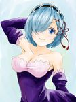  bare_shoulders blue_eyes blue_hair blush breasts cleavage detached_sleeves dress hair_ornament hair_over_one_eye hair_ribbon headdress kobo_(cobo_0609) looking_at_viewer maid medium_breasts re:zero_kara_hajimeru_isekai_seikatsu rem_(re:zero) ribbon short_hair simple_background smile solo standing x_hair_ornament 